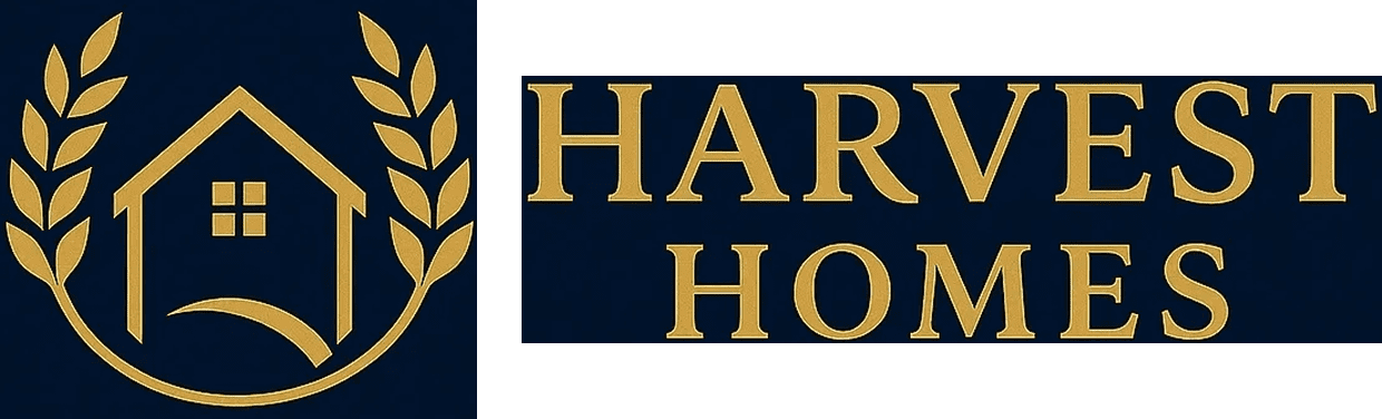 Harvest Homes logo with house and laurel.