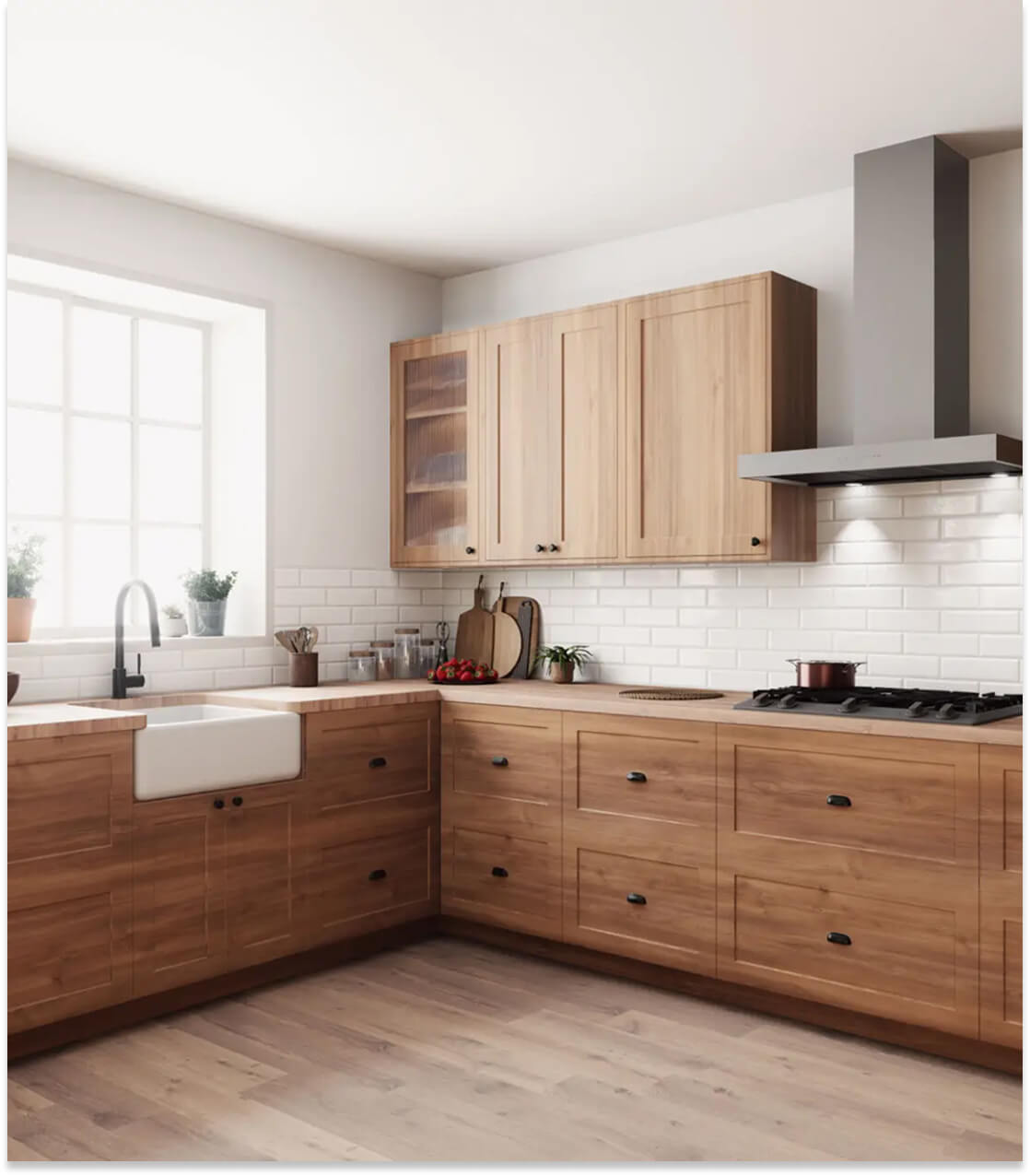Modern kitchen with wooden cabinets and appliances.